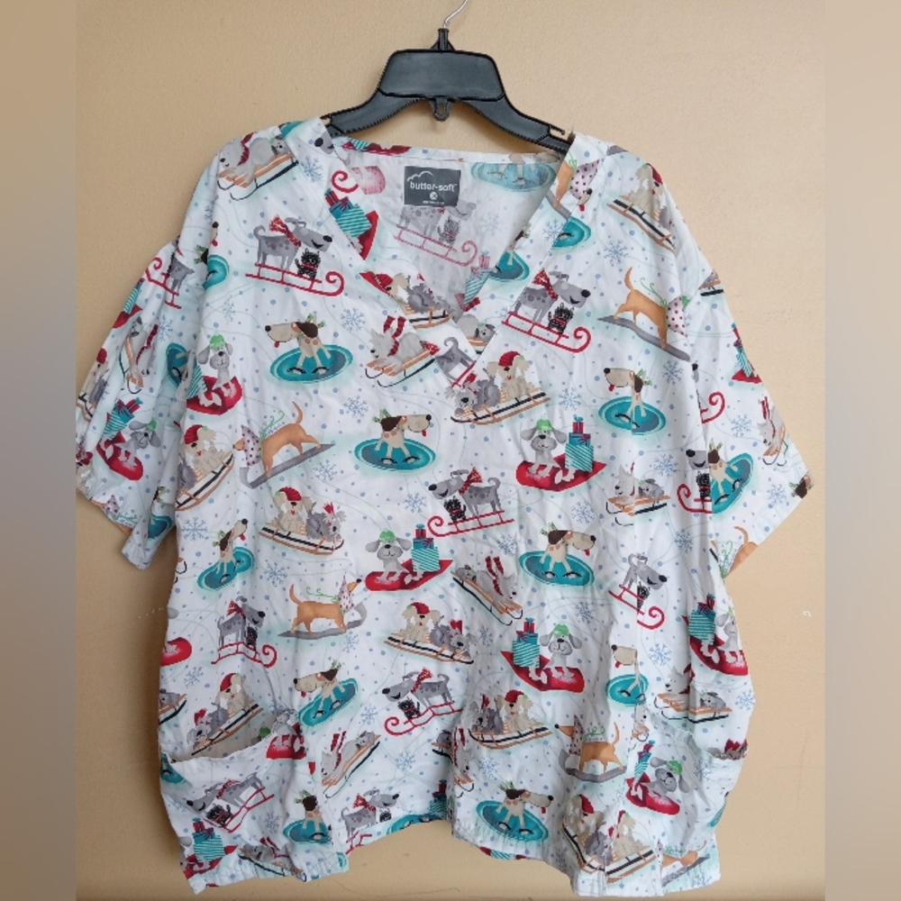 Butter-Soft Multicolor Sleighing Puppies Scrub Top 3X